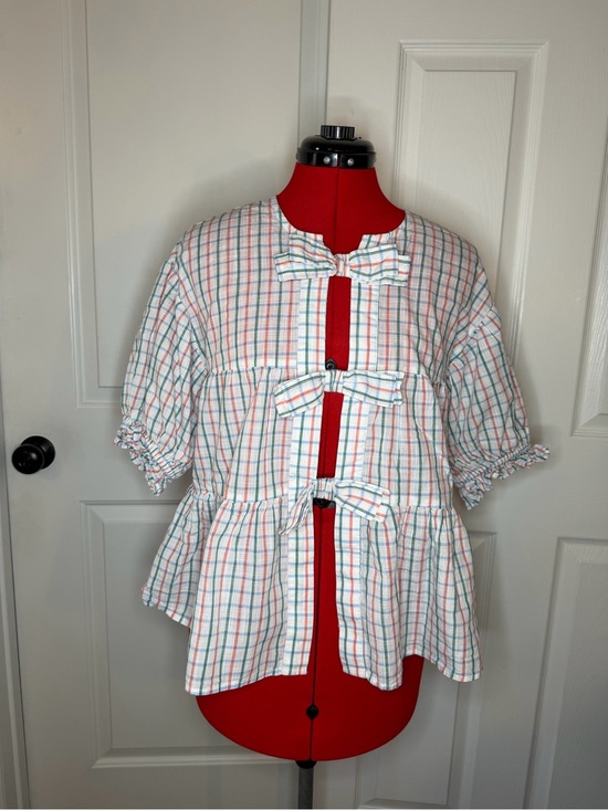 Anthropologie Tops - Anthropologie Bow Front Tiered Top Short Sleeve Plaid Women XS Oversized